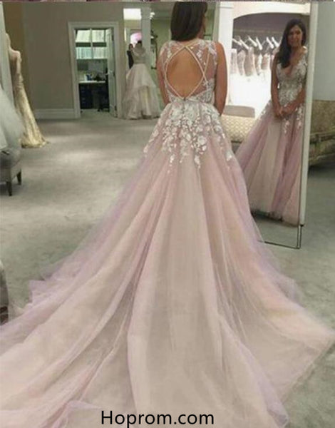 A line Sexy Open Back Blush V-neckline Lace Prom Dresses Applique Evening Dresses