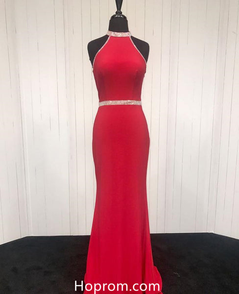 Red Halter Jersey Prom Dresses Beading Evening Formal Dresses