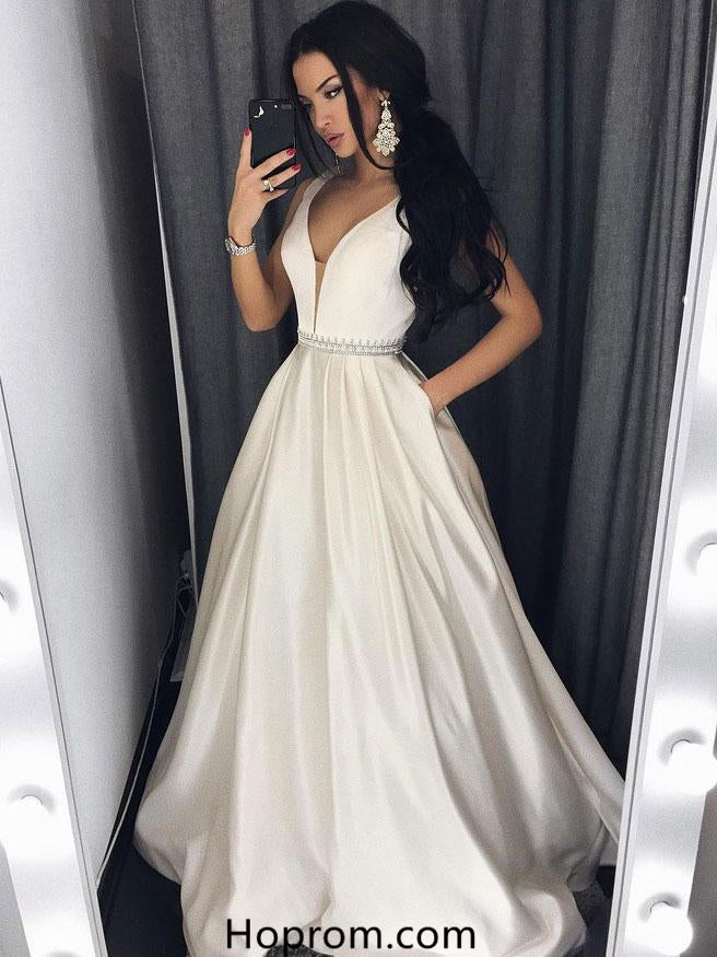 A Line V-Neck Court Train Ivory Satin White Prom Dress Evening Prom Dr Hoprom A Line V-Neck Court Train Ivory Satin White Prom Dress Evening Prom Dr Hoprom
