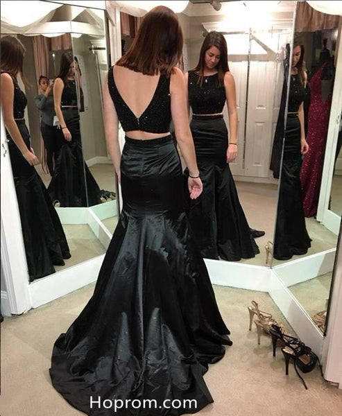 Two Piece Beading Black Prom Dresses Mearmaid Evening Dresses