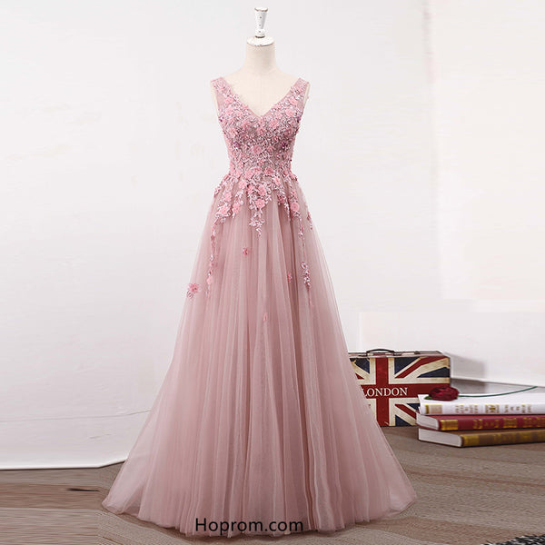 Blush Pink V Neckline Two Straps Lace Applique Prom Dresses Evening Dress