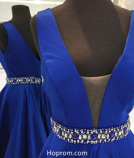 A Line Blue Prom Dresses Beaded Waist Evening Dresses