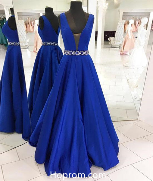 A Line Blue Prom Dresses Beaded Waist Evening Dresses