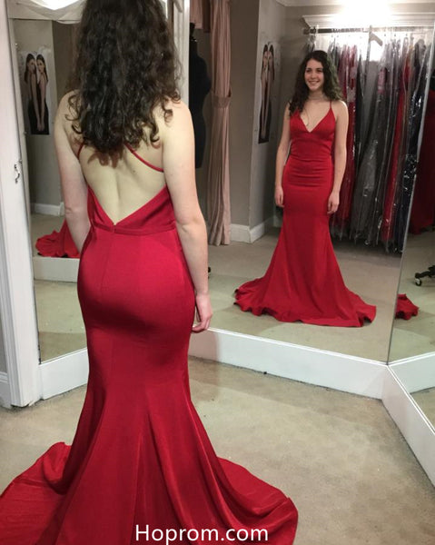 Red V Neckline Prom Dresses Backless Evening Dresses