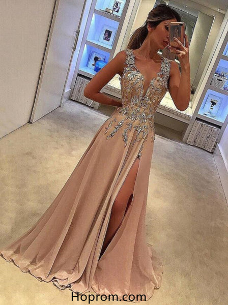 Tank Straps Slit Applique Prom Gown Dresses