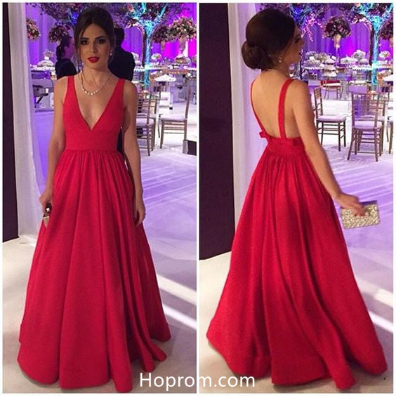 Simple Deep V Neck Backless Red Evening Dresses Prom Dresses