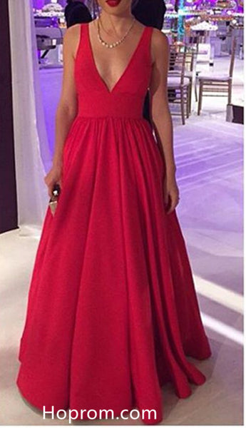 Simple Deep V Neck Backless Red Evening Dresses Prom Dresses