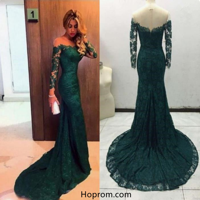 Elegant Long sleeve Mermaid Lace Prom Dresses Evening dresses