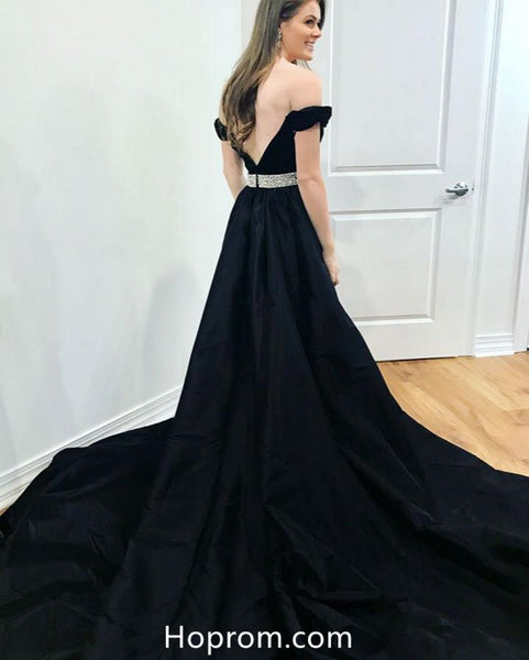 Off Shoulder Bead Waist Black Prom Dresses Evening Dresses