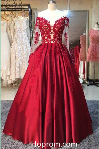 Strapless Long Sleeve Red Stain Prom Dresses Appliques Evening Dresses