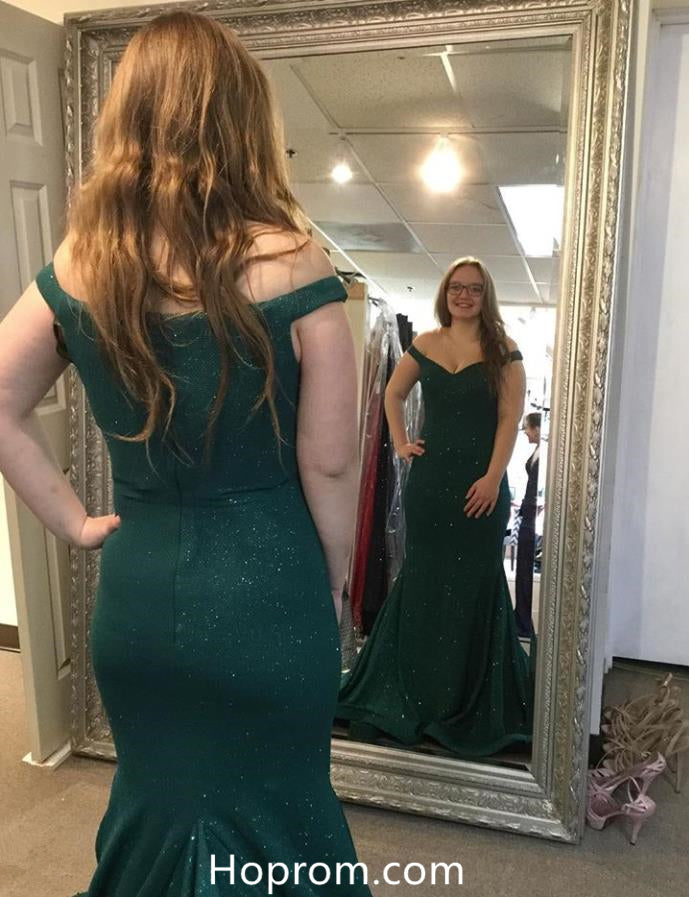 Off Shoulder Dark Green Mermaid Glitters Prom Dresses Evening Dresses