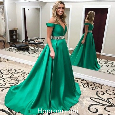 Off Shoulder Satin Prom Dresses Beading  Waist Green Evening Dresses