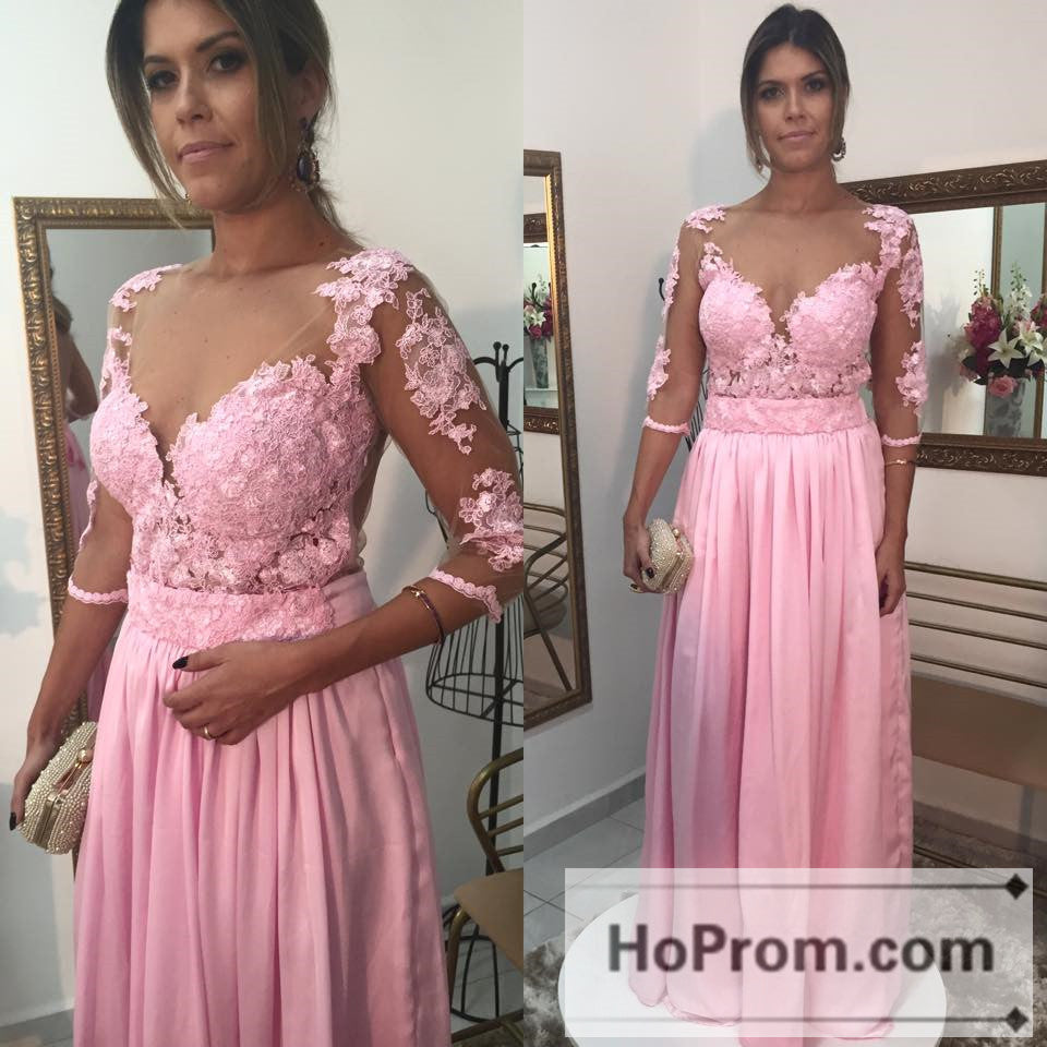 Long Lace Chiffon Pink A-Line Prom Dresses Evening Dress