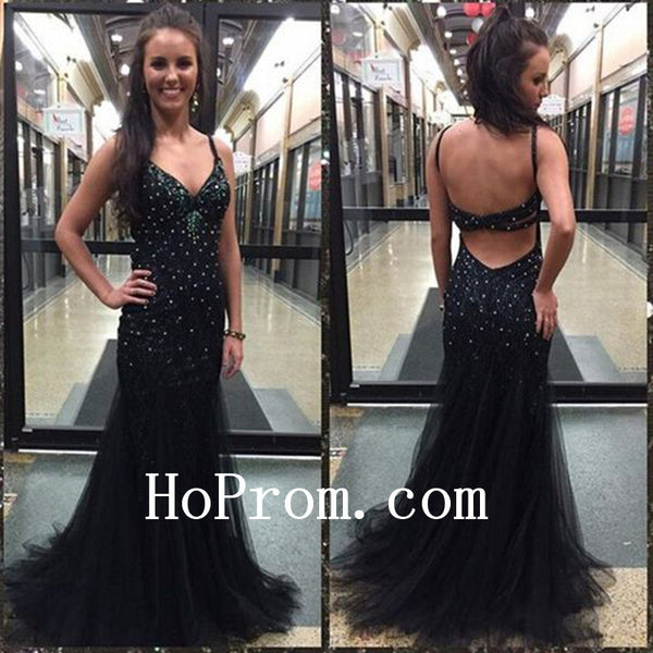Spaghetti Straps Prom Dresses,Mermaid Black Prom Dress,Evening Dress