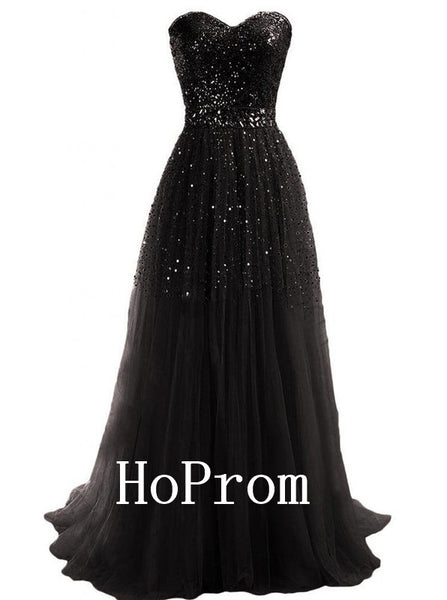 Strapless Black Prom Dresses,Sequin Beads Prom Dress,Evening Dress
