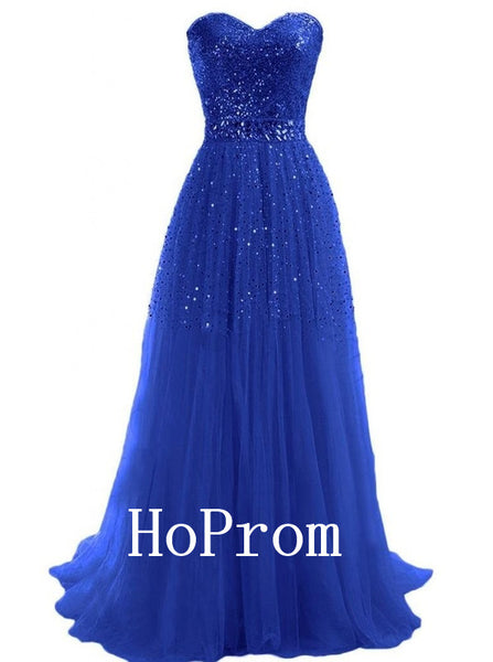 Strapless Blue Prom Dresses,Sequin Beads Prom Dress,Evening Dress