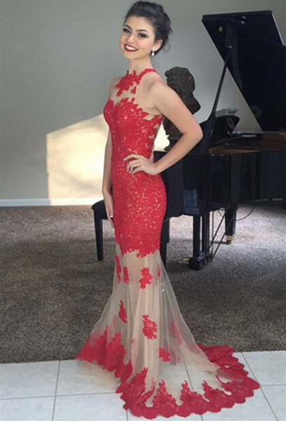 Red Applique Prom Dresses,Tulle Prom Dress,Evening Dress