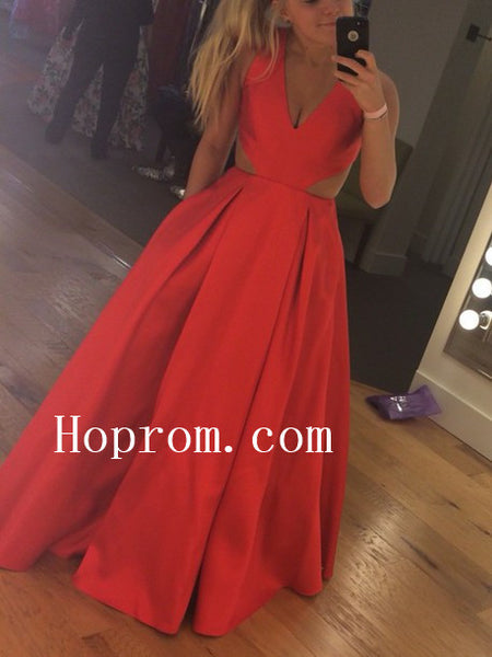 V-Neck Red Prom Dresses,Satin Prom Dress,Evening Dress