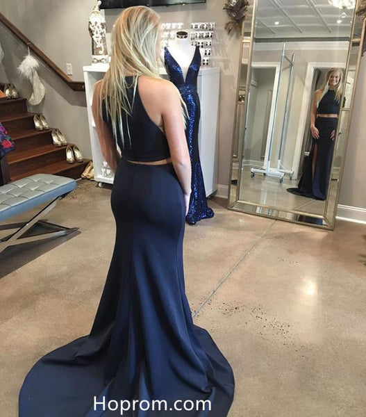 Two Piece Black Prom Dresses Halter Slit Evening Dresses
