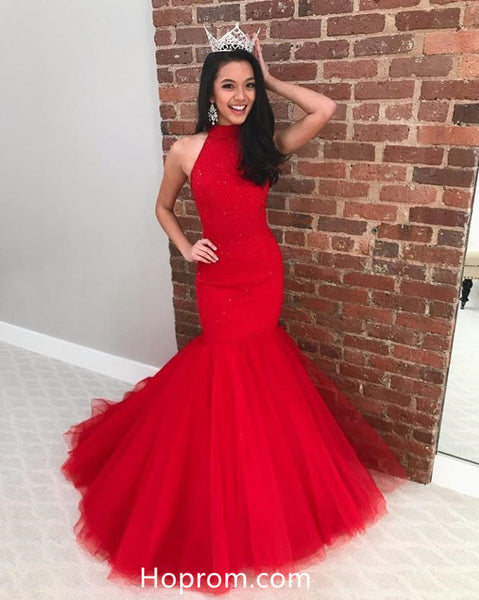 Red Halter Beaded Mermaid Prom Dresses 2018 Evening Dresses