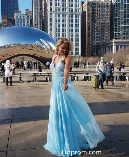 Halter Blue Prom Dresses Deep V Neckiline Evening Dresses