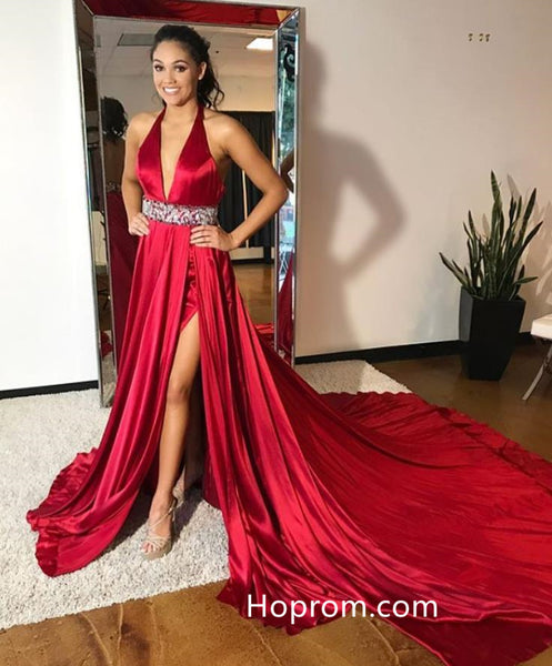 Long Train Halter Red Prom Dresses Beaded Waist Evening Dresses