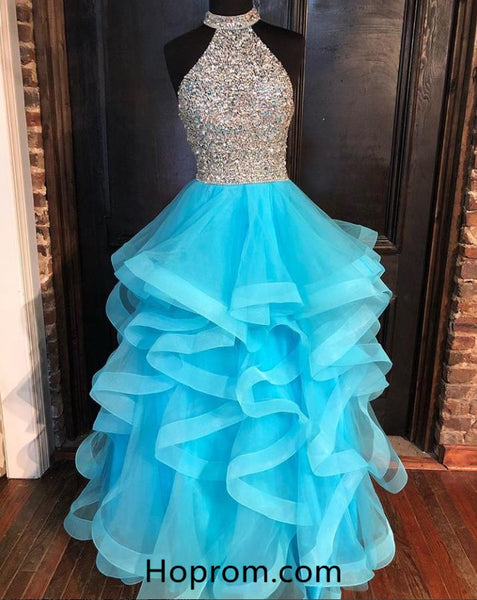 Elegant Beaded Top Halter Prom Dresses Layers Skirt Evening Dresses