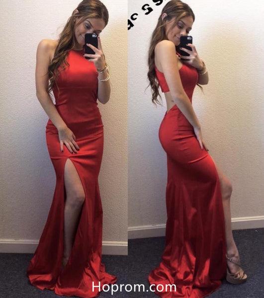 Red Halter Jersey Slit Cutout Back Prom Dresses Red Evening Dresses ...