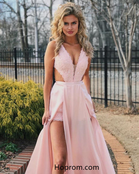 A Line Lace Cutout Top Prom Dresses Pink Slit Evening Dresses