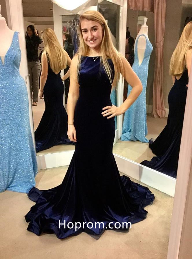 Dark Blue Velvet Prom Dresses Mermaid Blue Velvet Evening Dress – Hoprom