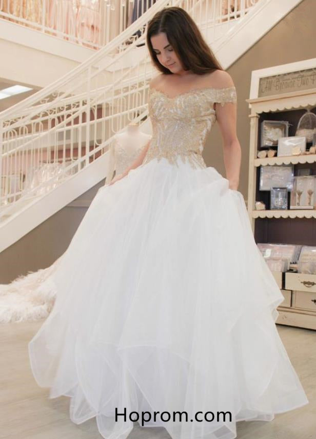 white and gold off the shoulder prom dress Off-the-Shoulder Glitter Long Prom Dress