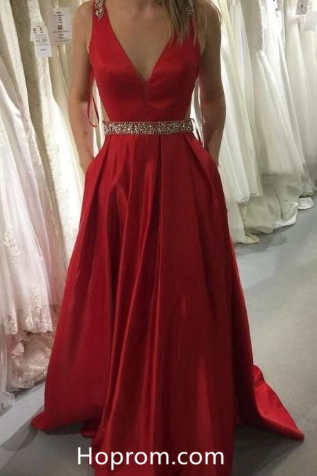 Red Long Prom Dress 2018 with Pockets Evening Dresses