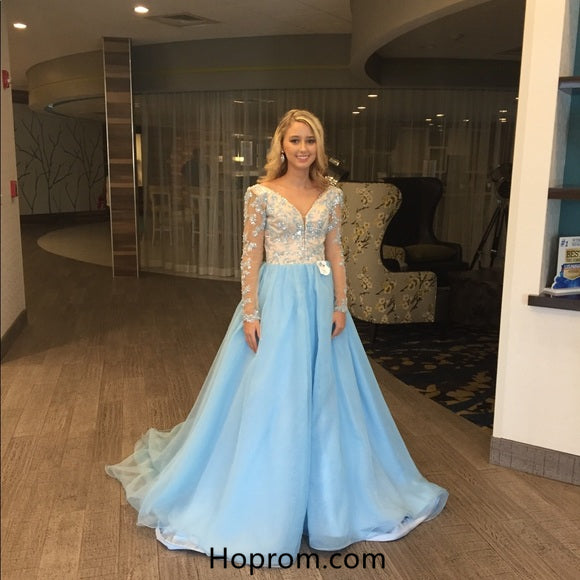 Long Sleeve Applique Prom Dresses 2018 Lace Tulle Evening Dresses