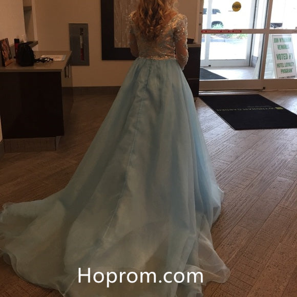Long Sleeve Applique Prom Dresses 2018 Lace Tulle Evening Dresses
