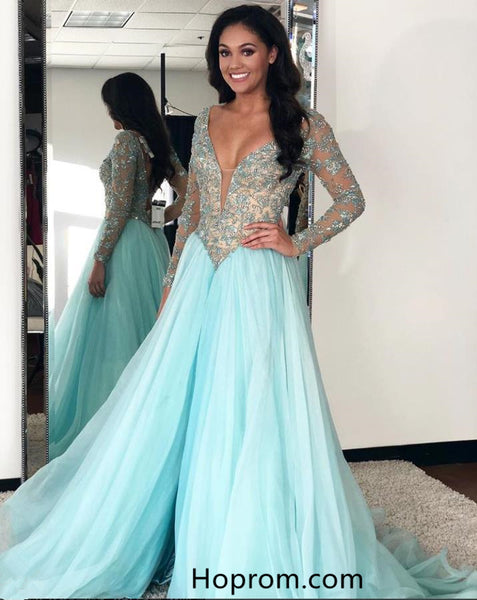 Long Sleeve Applique Prom Dresses 2018 Lace Tulle Evening Dresses