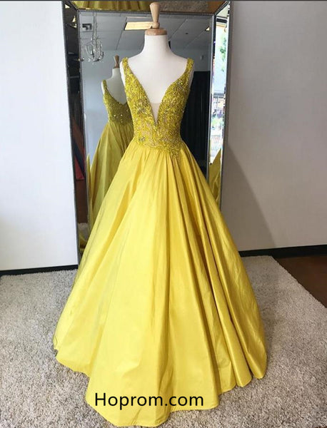 A Line Yellow Prom Dresses 2018 Deep V Neckline Beaded Evening Dresses