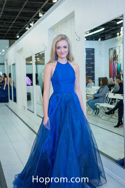 Simple A Line Blue Halter Prom Dresses 2018 Evening Dresses
