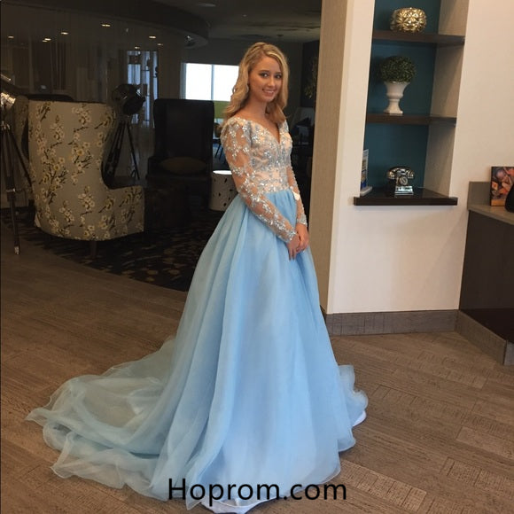 Long Sleeve Applique Prom Dresses 2018 Lace Tulle Evening Dresses