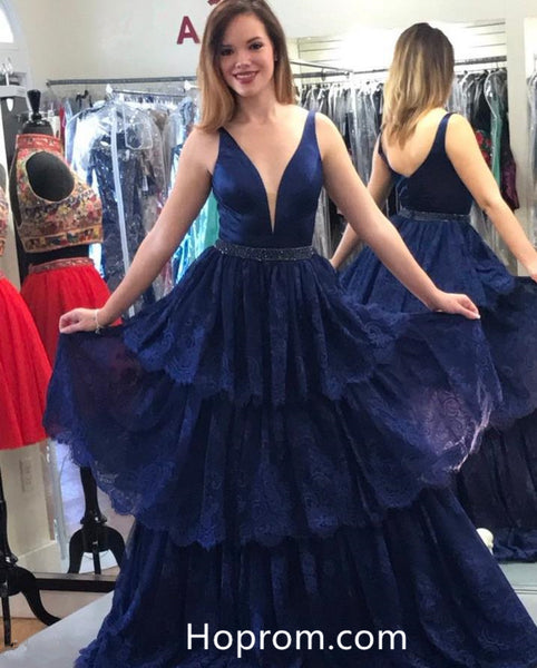Navy Blue Layers Skirt Lace Prom Dresses V Necline Open Back Evening Dresses