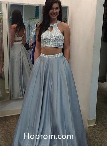 Beaded Top Prom Dresses 2018 Two Piece Halter Evening Dresses