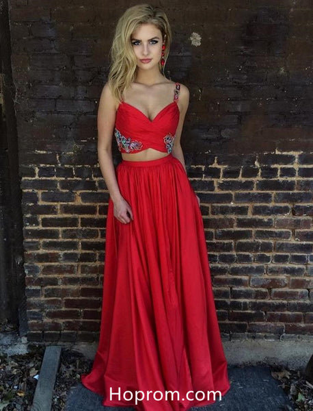 Two Piece Applique Red Evening Dresses Prom Dresses 2018