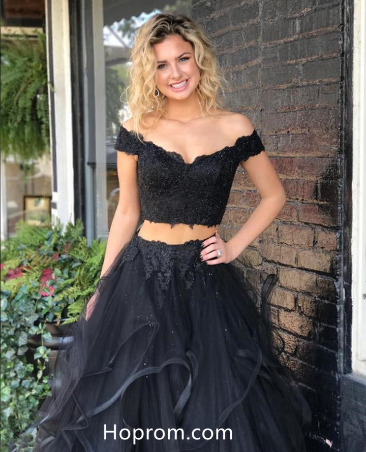 Off Shoulder Two Piece Lace Top Prom Dresses Layers Skirt Black Evenin Hoprom Off Shoulder Two Piece Lace Top Prom Dresses Layers Skirt Black Evenin Hoprom