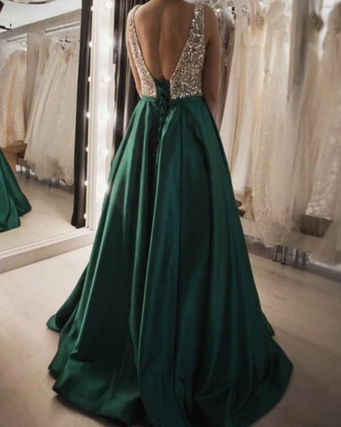 Sequin Green Sexy Prom Dresses Luxurious V Neck Evening Formal Dresses