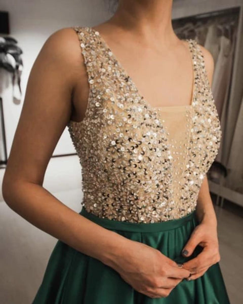 Sequin Green Sexy Prom Dresses Luxurious V Neck Evening Formal Dresses