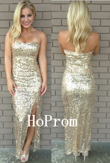 Gold Sequin Prom Dresses,Strapless Prom Dress,Evening Dress