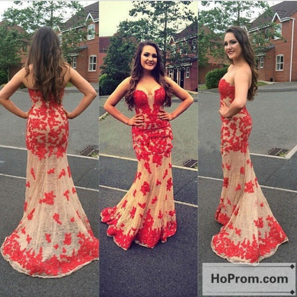Red Applique Sweetheart Mermaid Prom Dress Evening Dresses
