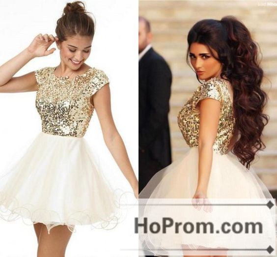 Short Tulle Sequins Gold Prom Dresses Homecoming Dresses