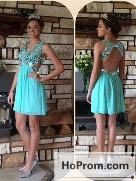 V-Neck Backless Short Blue Prom Dresses Homecoming Dresses