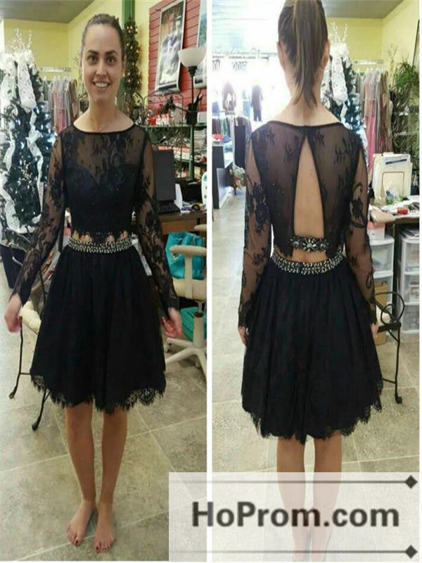 Long Sleeve A-Line Black Lace Prom Dresses Homecoming Dresses