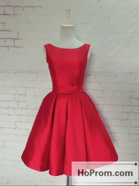 A-Line Sleeveless Red Satin Prom Dresses Homecoming Dresses